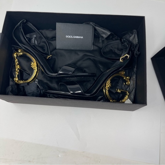 Dolce&Gabbana Black Gold Sculpted-Heel Baroque DG Patent Leather Sandals sz 38 8 - Picture 12 of 13